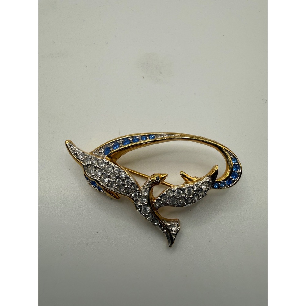 Swarovski Vintage Gold Tone Crystal Bird Brooch Blue White Pavé Swan Logo Pin